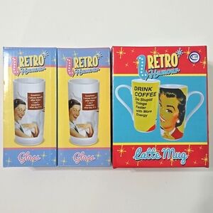 NEW set of 3 Retro Humour cups (2 glasses and 1 latte mug) new in box